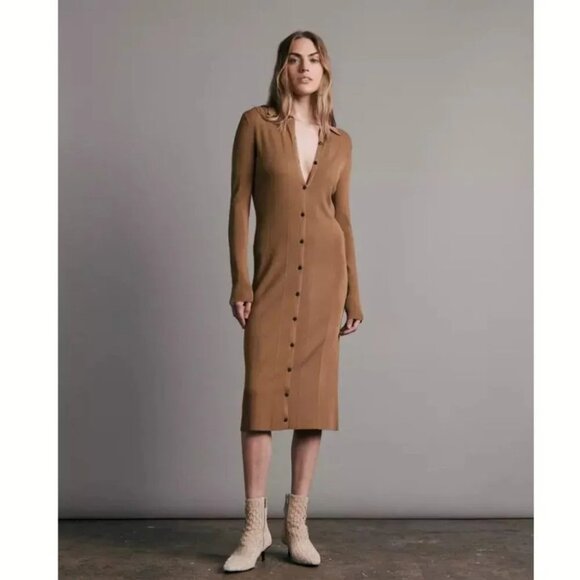 Rag & Bone Pacey Button Down Midi Dress Ribbed Knit in Light Brown size XXS - Picture 2 of 8